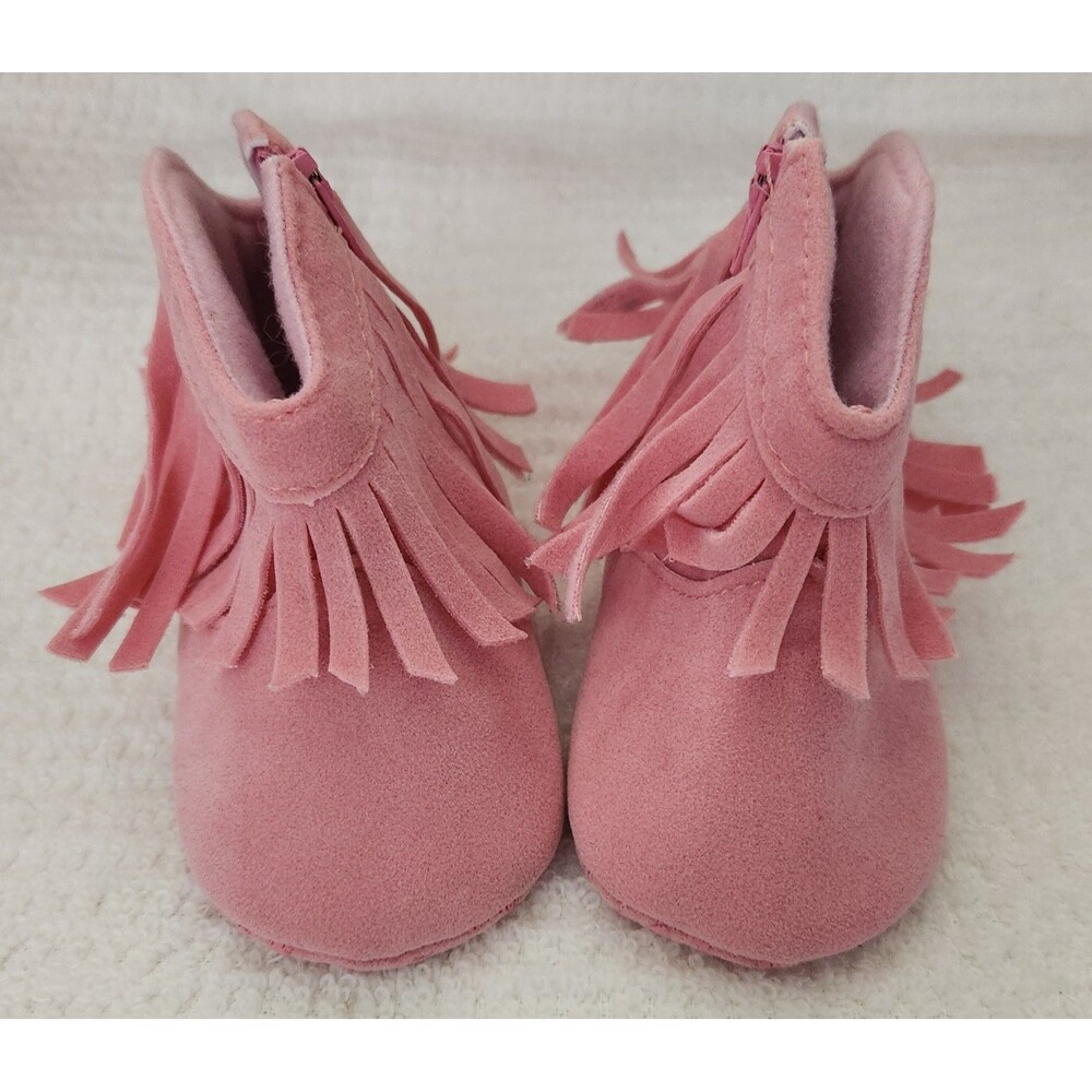 Baby Pink Fringe Cowboy Boots Infant Size 2 Soft Sole Zippered Crib Shoes